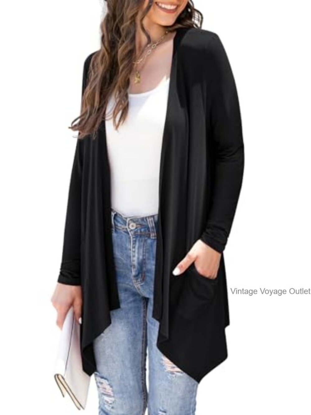 Lightweight Knit Cardigan Open Front Draped Duster with Pockets